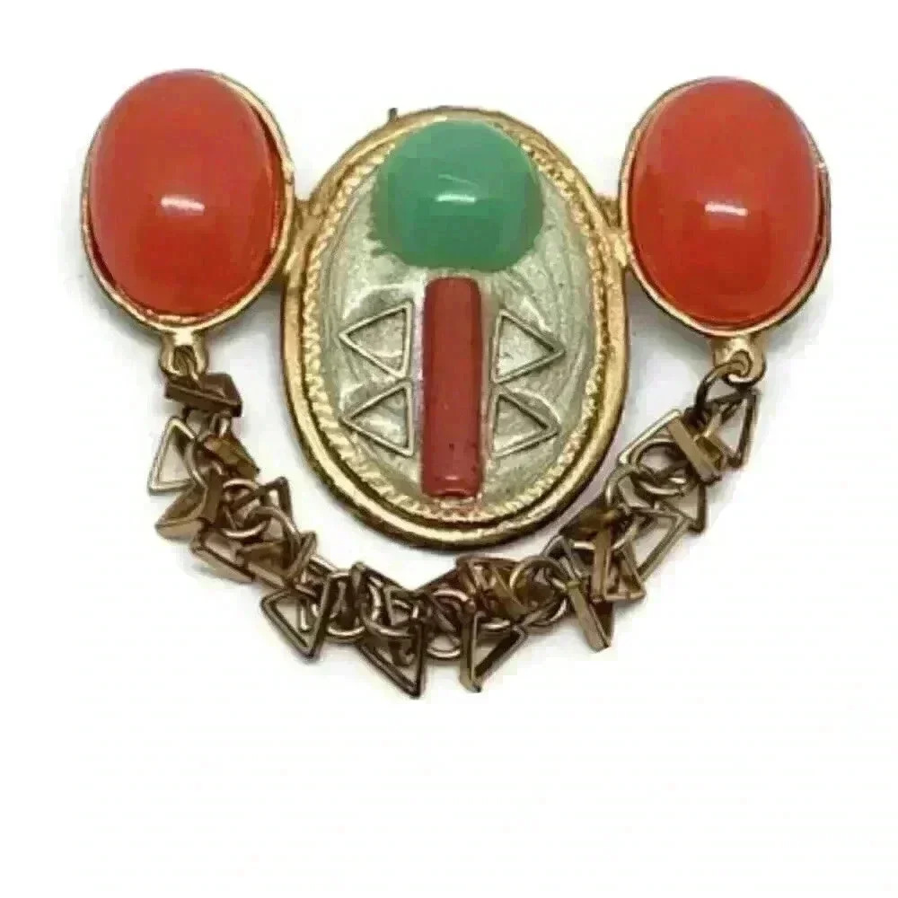 Vintage Mcm Atomic Mod Brooch Orange & Green Plastic Cabochon Chain Deco